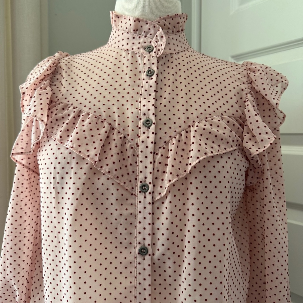 Zara Polka Dot Ruffled Button Down Blouse : Small - Picture 3 of 7